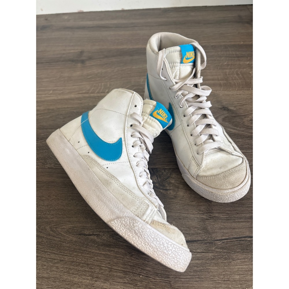 Nike Blazer Mid 77 High Top White Leather Blue Swoosh Yellow Logo Sneakers
